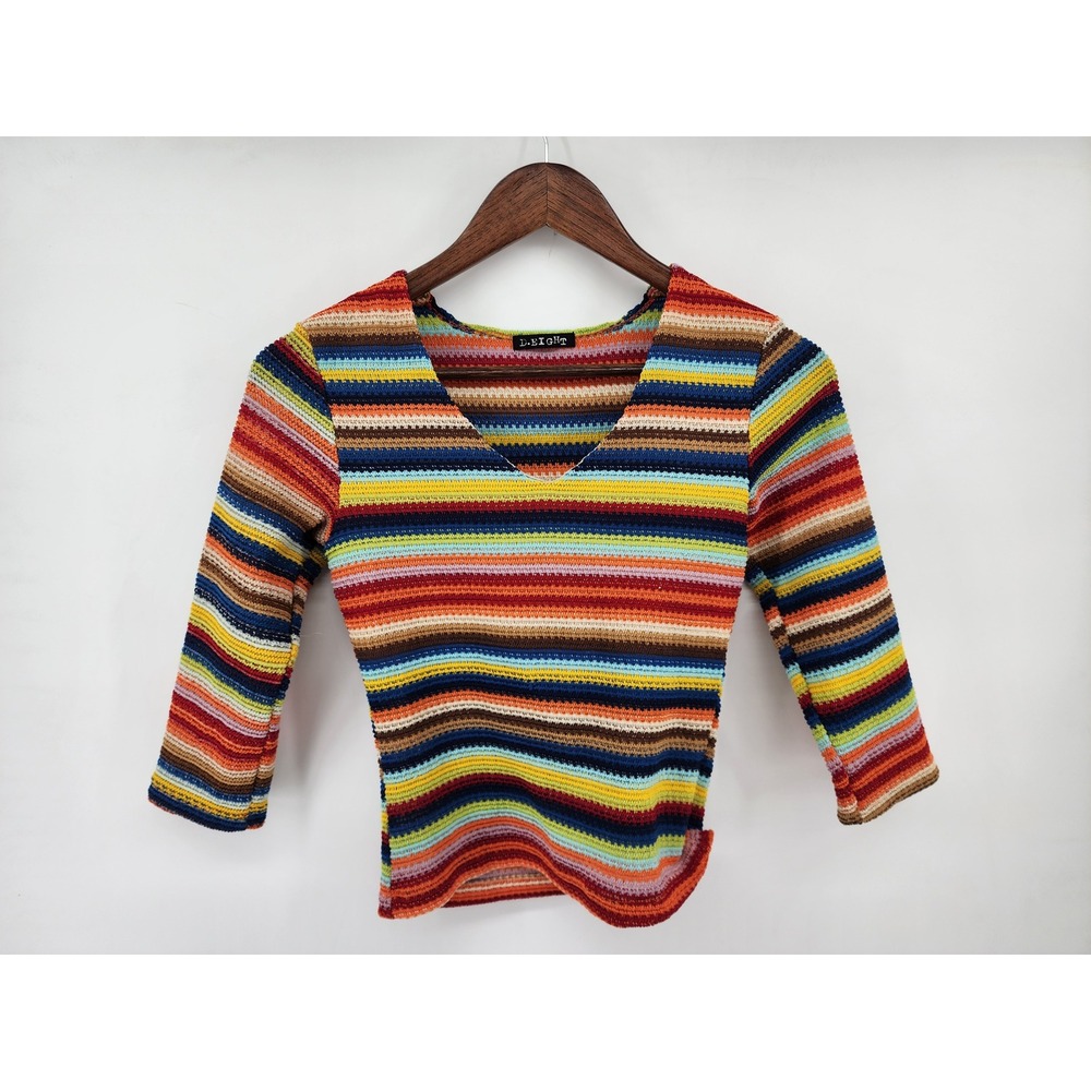 D.Eight Rainbow Striped V-Neck Knit Top Size Large y2k